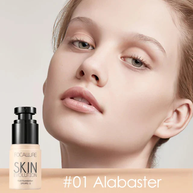 Focallure MatteBlend Foundation in Shade #01 Alabaster shown with bottle and a model with a flawless matte complexion.