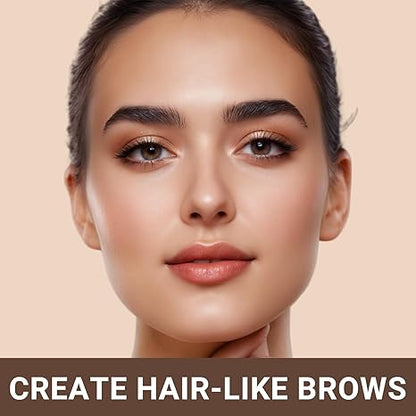 Model with full, defined eyebrows using iMethod microblading pen to create natural hair-like strokes.