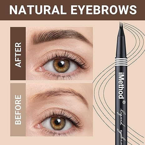iMethod 4-fork tip microblading eyebrow pen with before and after comparison showing natural hair-like strokes.