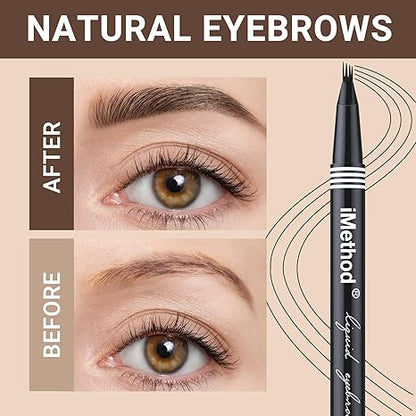 iMethod 4-fork tip microblading eyebrow pen with before and after comparison showing natural hair-like strokes.