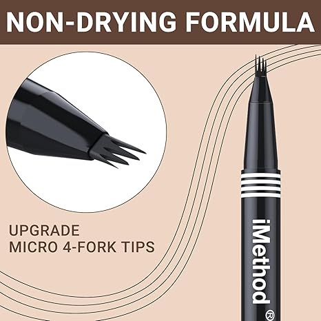 iMethod microblading eyebrow pen with 4-fork tip creating hair-like strokes for a long-lasting, natural look.
