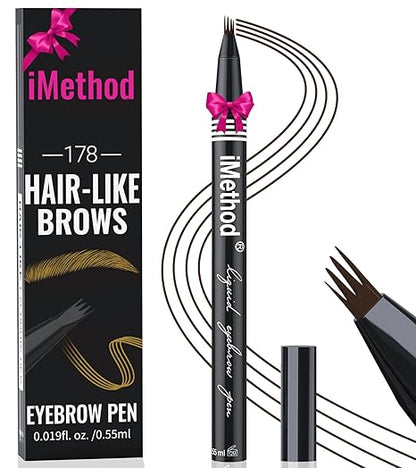 iMethod Microblading Eyebrow Pen with a 4-fork tip for hair-like strokes, shown next to its black packaging box.