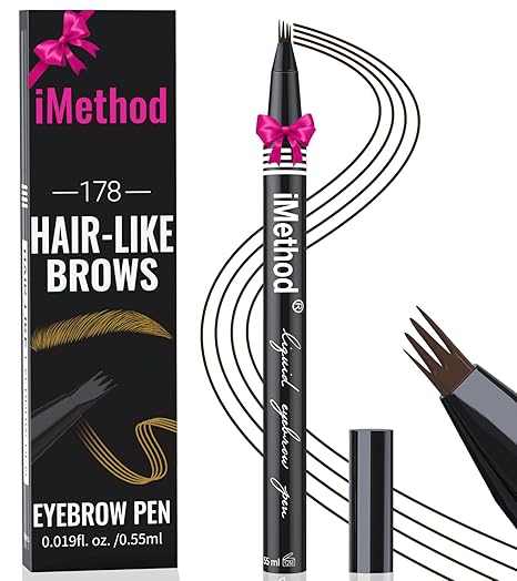 iMethod microblading eyebrow pen with 4-fork tip for hair-like strokes, moisturizing formula and packaging box.
