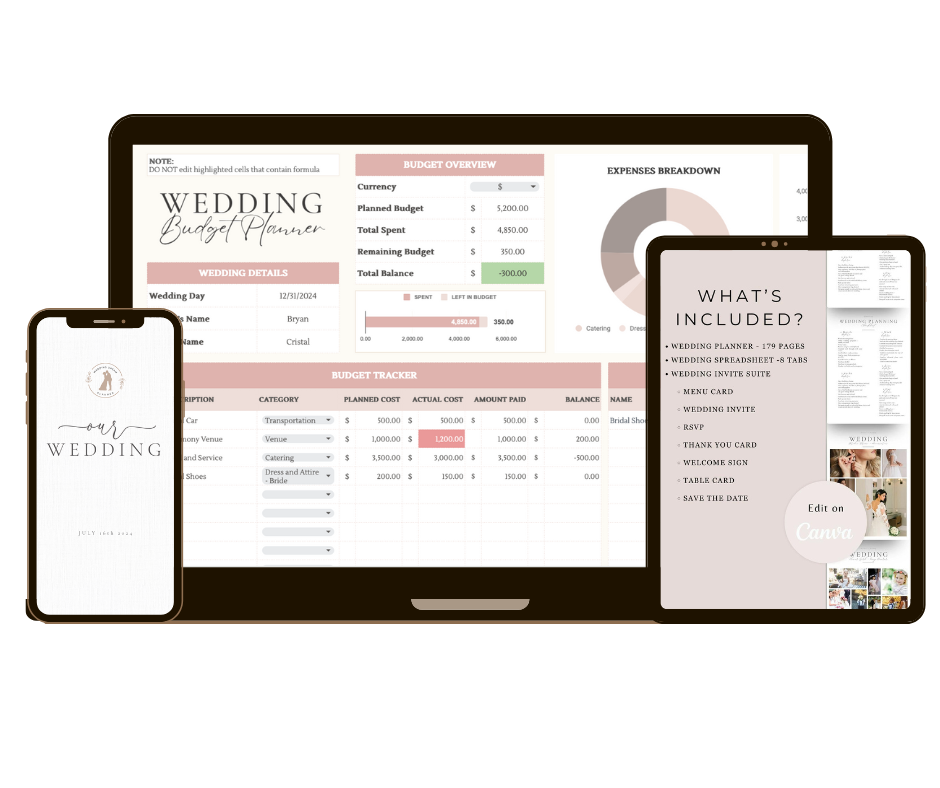 Digital wedding planner bundle with budget spreadsheet and Canva templates shown on laptop, tablet, and mobile devices.