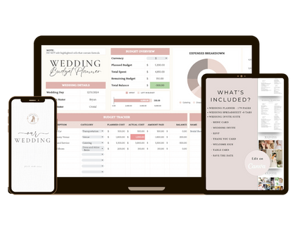 Digital wedding planner bundle with budget spreadsheet and Canva templates shown on laptop, tablet, and mobile devices.