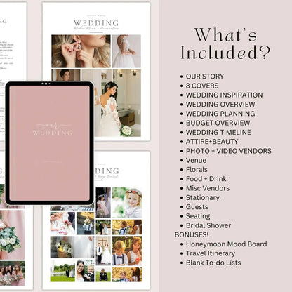 Digital wedding planner bundle feature list including budget overview, timeline, and guest seating on a tablet mockup.