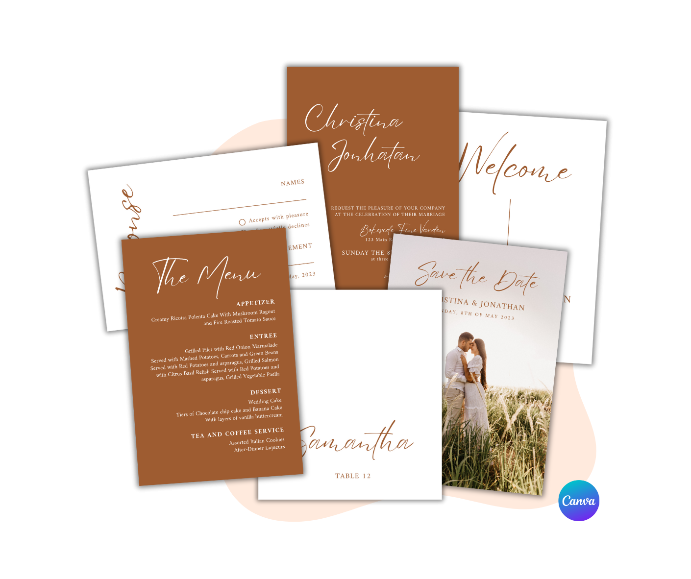 Wedding Dream Planner Bundle mockup including terracotta invitation, menu, save the date, and response card templates.