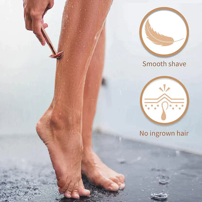 Rose gold SmoothShave safety razor being used on a leg in the shower for a smooth shave with no ingrown hairs.